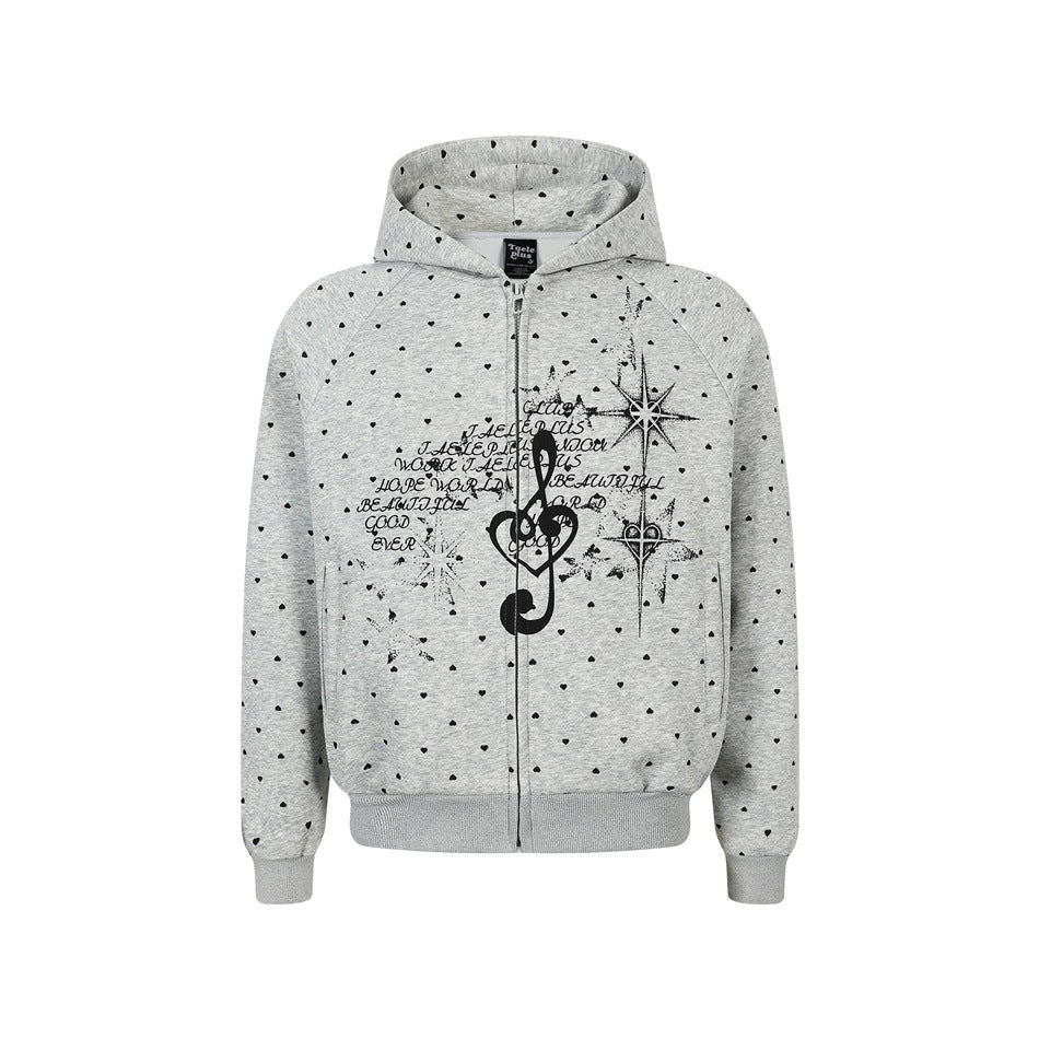 Damen Zip‑Hoodie im Herz-Allover mit Notenschlüssel‑Print und Kängurutaschen Nord Taschen