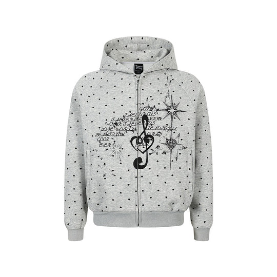 Damen Zip‑Hoodie im Herz-Allover mit Notenschlüssel‑Print und Kängurutaschen Nord Taschen