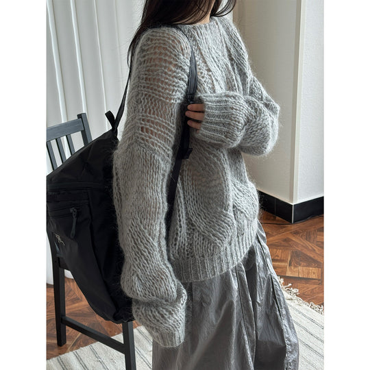 Damen Oversize Mohair‑Optik Zopfmuster‑Pullover mit Transparent‑Effekt Nord Taschen