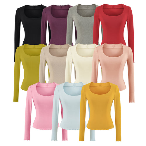 Damen Figurbetontes Langarm-Feinstrickshirt mit quadratischem Ausschnitt und Wellensaum Nord Taschen