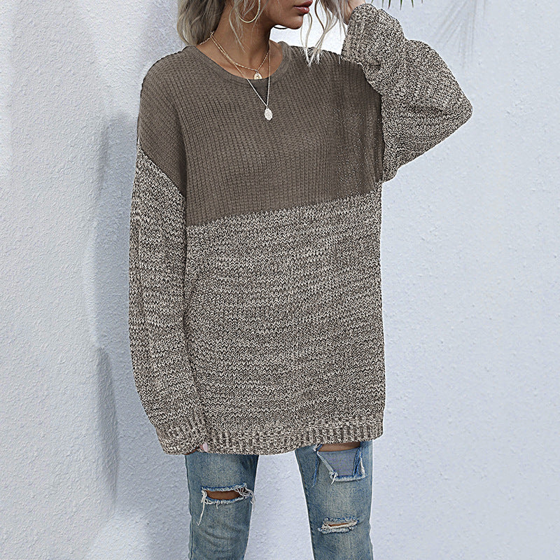 Damen Oversize Strickpullover mit Colorblock-Optik, rundem Ausschnitt und melierter Strukturstrick Nord Taschen