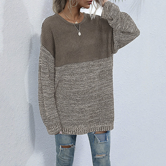 Damen Oversize Strickpullover mit Colorblock-Optik, rundem Ausschnitt und melierter Strukturstrick Nord Taschen