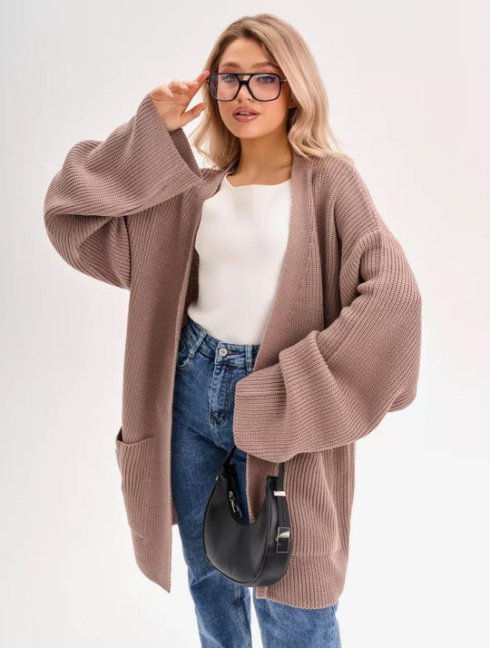 Damen kuscheliger langer Strickcardigan mit weiten Ärmeln und praktischen Taschen Nord Taschen