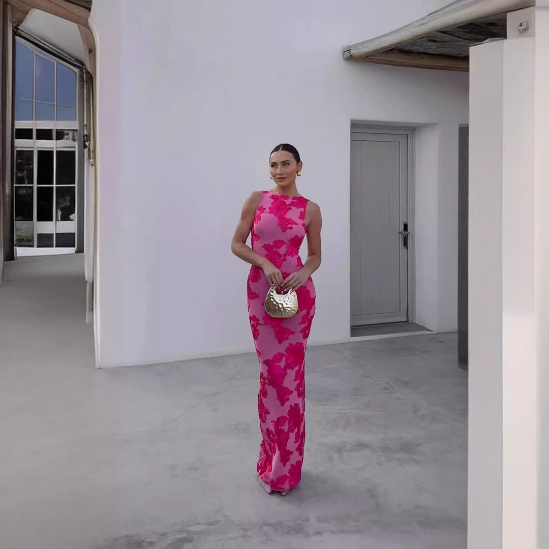 Damen Maxi-Kleid mit floralem 3D-Stickdesign und figurbetonter Silhouette