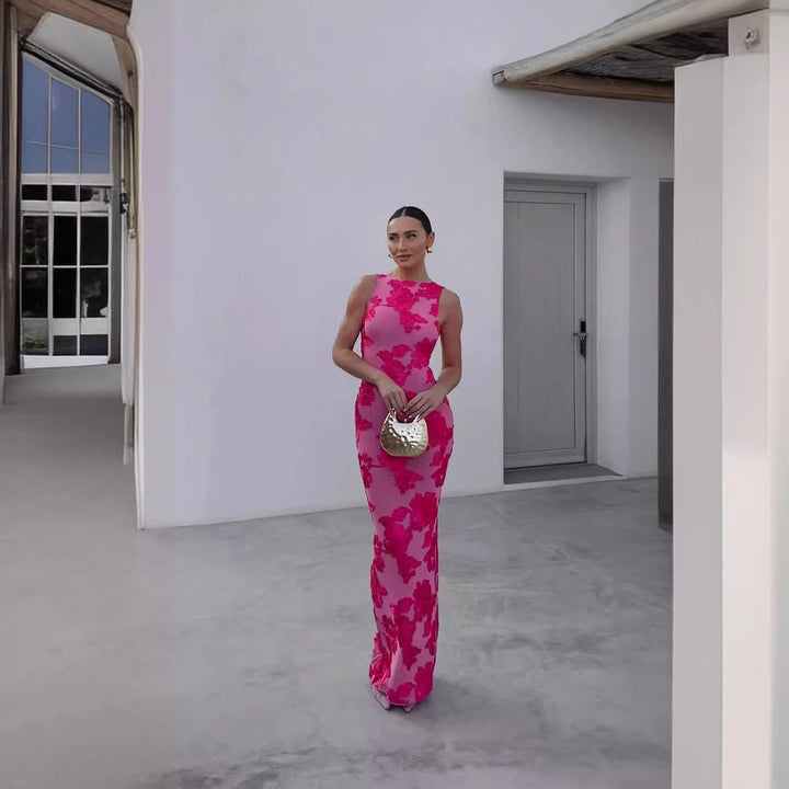 Damen Maxi-Kleid mit floralem 3D-Stickdesign und figurbetonter Silhouette