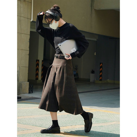Damen Weite Karierte Culotte‑Hose mit hoher Taille, Bundfalten und fließender Wolloptik Nord Taschen