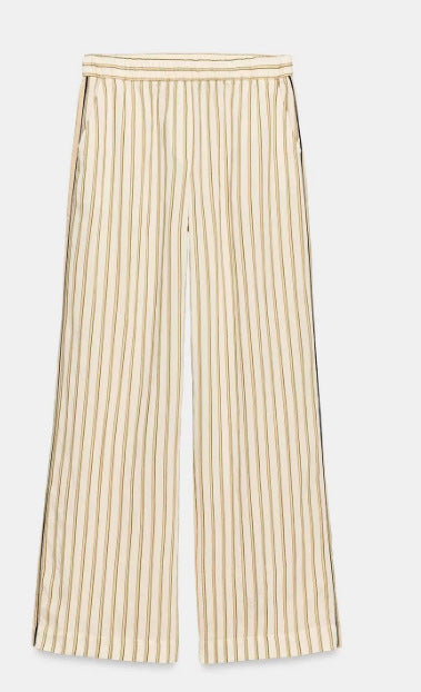 Damen Weite High‑Waist Palazzohose mit vertikalem Streifenmuster und elastischem Bund Nord Taschen
