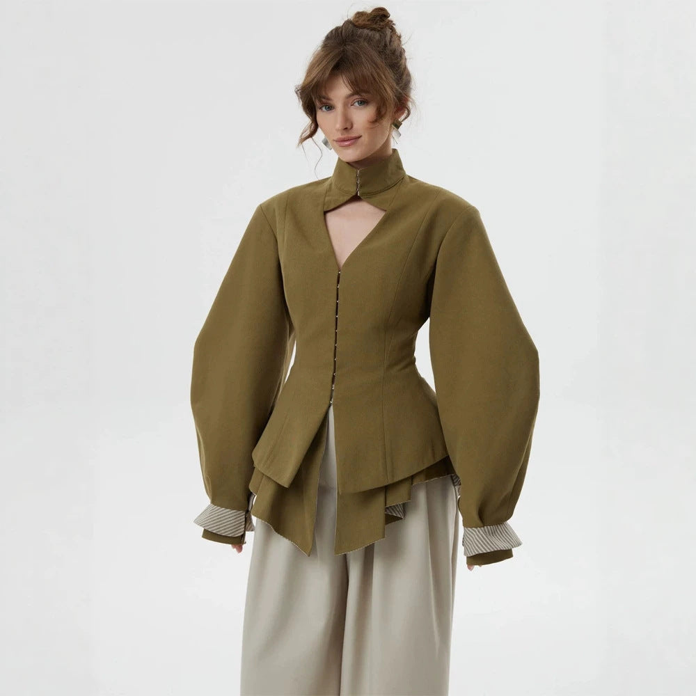 Damen taillierte Jacke mit Stehkragen, Cut-Out und Ballonärmeln Nord Taschen