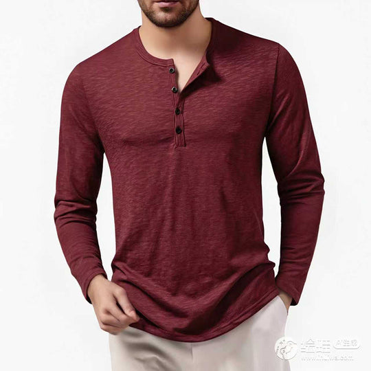 Herren Slim-Fit Henley Langarmshirt mit kurzem Knopfverschluss und abgerundetem Saum Nord Taschen