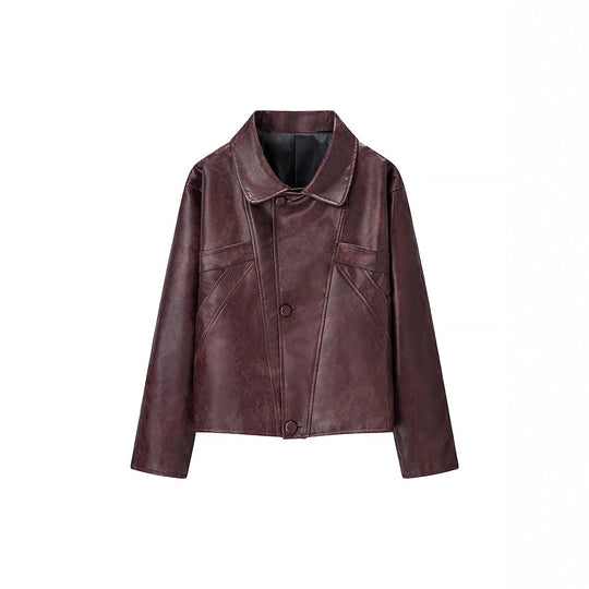 Damen Kurzer Boxy‑Lederimitat‑Blouson mit geometrischen Nahtdetails und Hemdkragen Nord Taschen