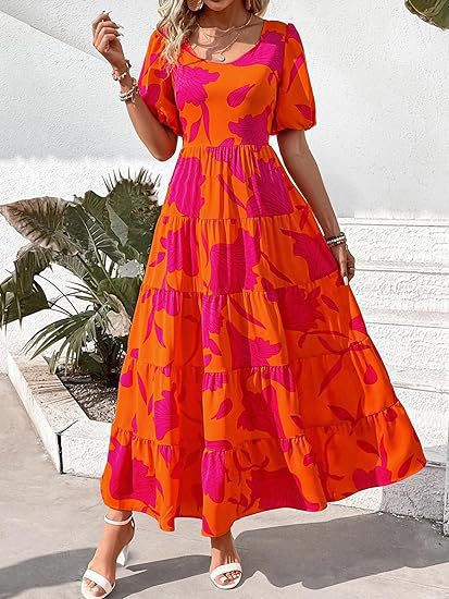 Damen Maxi-Kleid mit floralem Design und voluminösem Rock