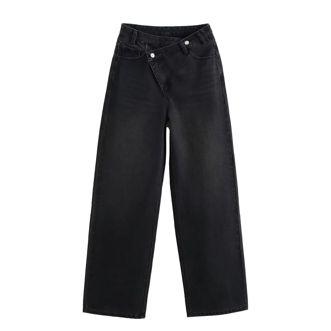 Damen 20+ weite High‑Waist Denim‑Palazzo‑Jeans mit asymmetrischem Bunddetail Nord Taschen