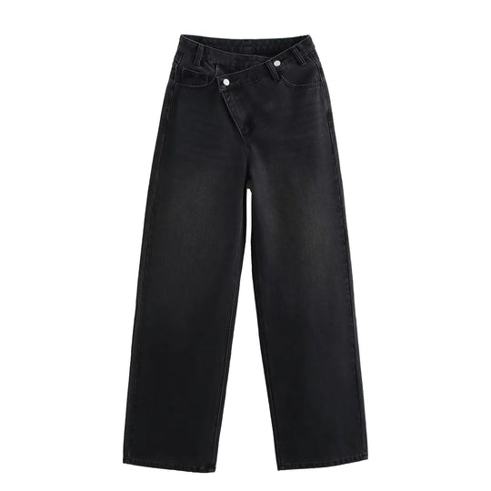 Damen 20+ weite High‑Waist Denim‑Palazzo‑Jeans mit asymmetrischem Bunddetail Nord Taschen