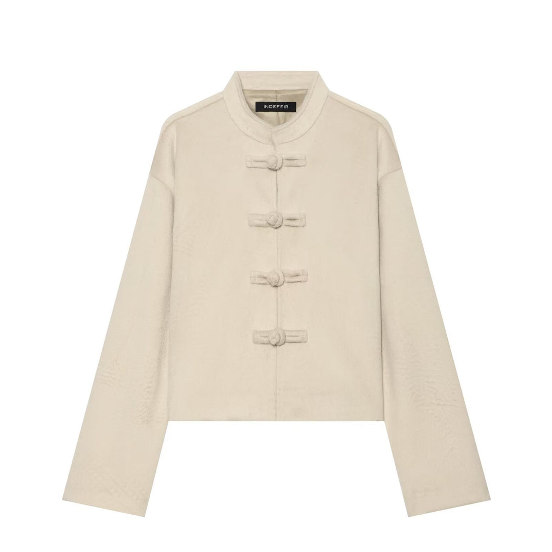 Damen Kurze Teddyjacke mit Mandarinkragen und dekorativen Knotenverschlüssen Nord Taschen