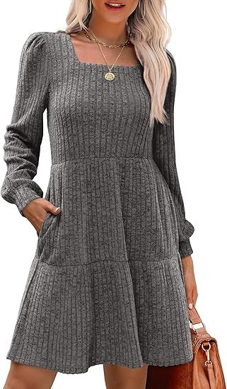 Damen Lässiges und elegantes Rippkleid mit langen Ärmeln Nord Taschen