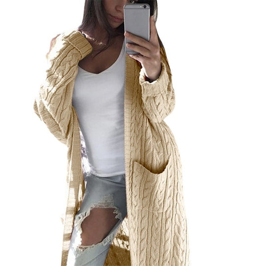 Damen Langer Oversize Zopfmuster-Strickcardigan mit Eingrifftaschen Nord Taschen