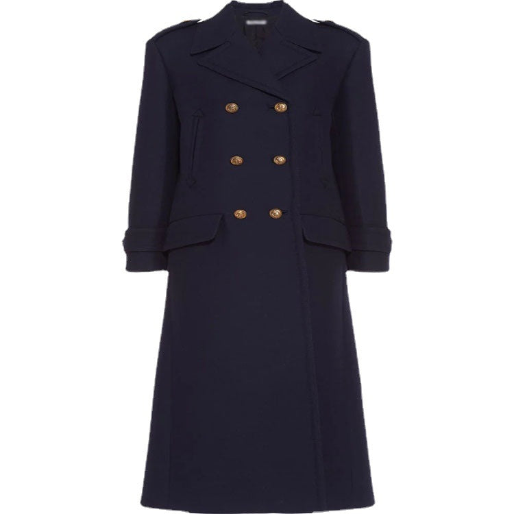 Damen Doppelreihiger militärinspirierter Maxi‑Wollmantel mit Epauletten und Zierriegeln Nord Taschen