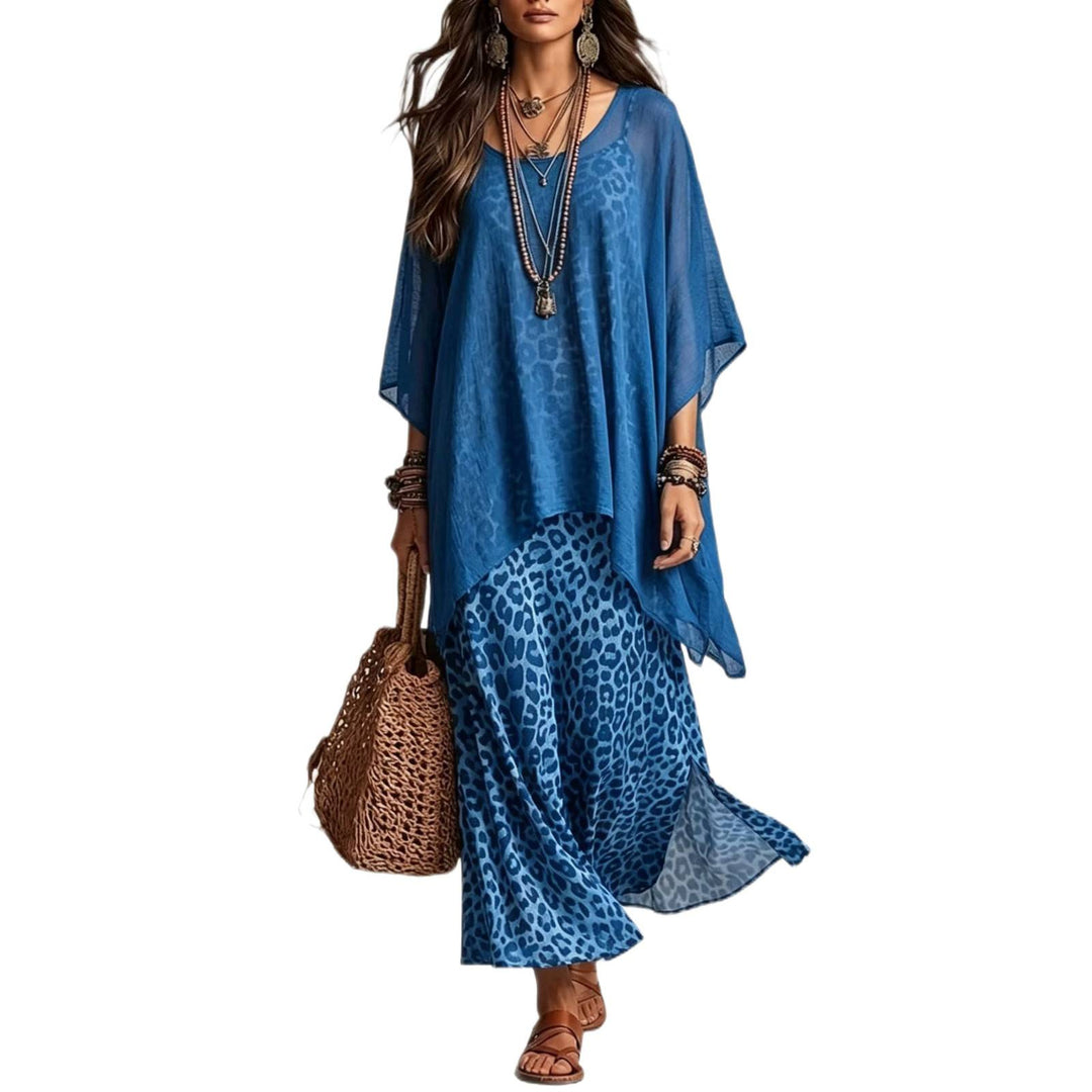Damen Boho-Maxikleid mit transparentem Poncho-Overlay und Leopardenmuster Nord Taschen