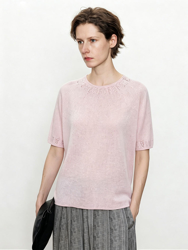 Damen Leichtes Feinstrick-Shirt mit halblangen Ärmeln, Rundhals und feinem Lochmuster Nord Taschen