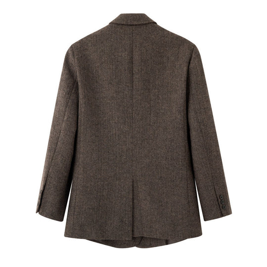 Damen Zweireihiger Wollmix-Blazer im Fischgrätmuster mit Pattentaschen Nord Taschen