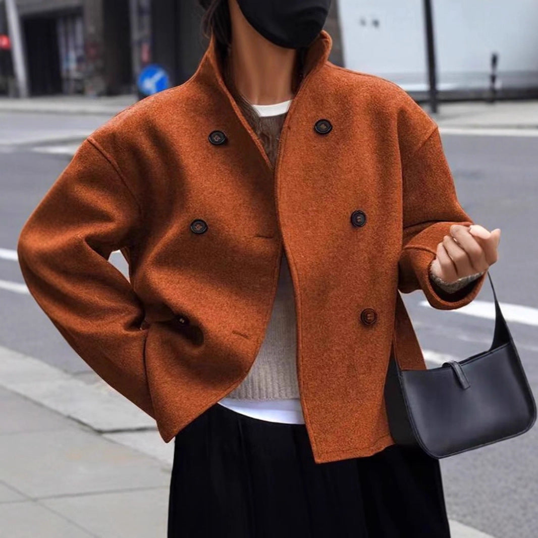 Damen modische Wolljacke mit doppelter Knopfleiste und hohen Kragen