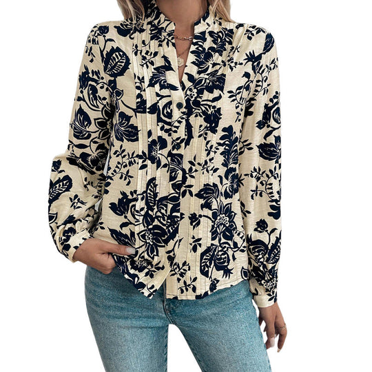 Damen Florale Viskose-Bluse mit Stehkragen, Kellerfalten und verdeckter Knopfleiste Nord Taschen