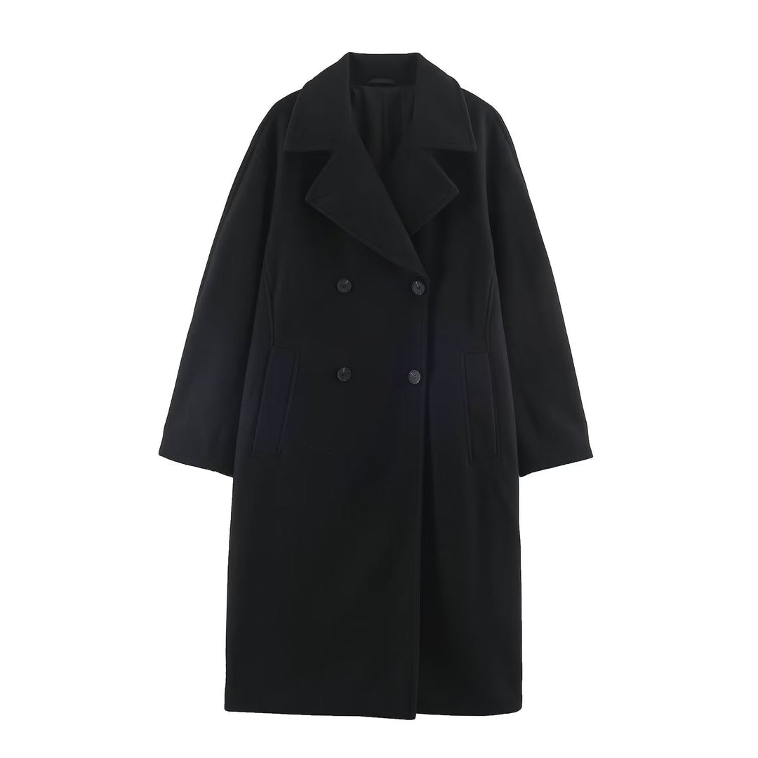 Damen Midilanger Wollmix-Doppelreihenmantel mit weitem Revers und Eingrifftaschen Nord Taschen