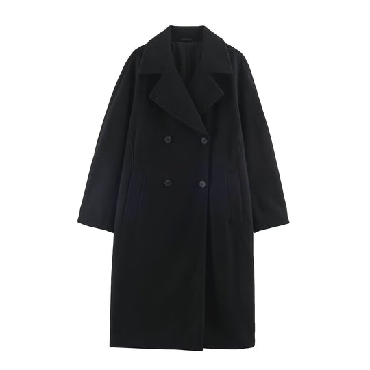 Damen Midilanger Wollmix-Doppelreihenmantel mit weitem Revers und Eingrifftaschen Nord Taschen