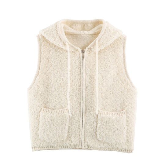 Damen Teddy-Fleece-Weste mit Kapuze, Reißverschluss und aufgesetzten Taschen Nord Taschen