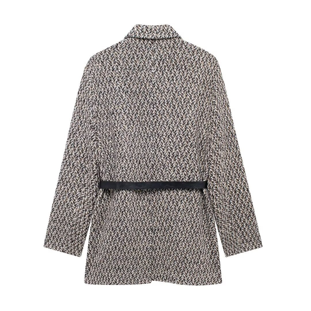Damen Midilanger Bouclé-Tweed-Blazerjacke mit Lederimitat‑Gürtel Nord Taschen