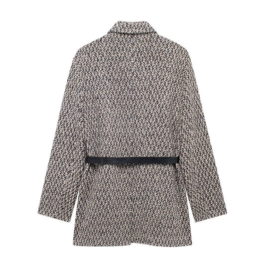 Damen Midilanger Bouclé-Tweed-Blazerjacke mit Lederimitat‑Gürtel Nord Taschen