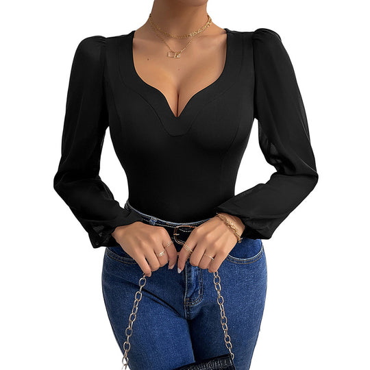 Damen Eleganter Bodys mit V-Ausschnitt und Puffärmeln Nord Taschen