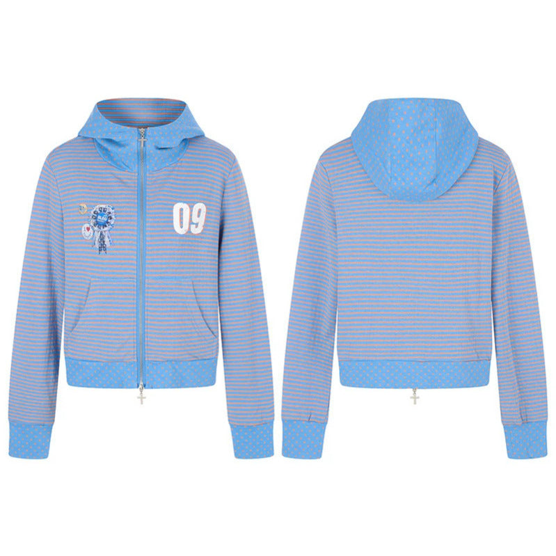 Damen Kurze Kapuzen‑Sweatjacke im Streifenmix mit durchgehendem Reißverschluss und Plaketten‑Applikation Nord Taschen