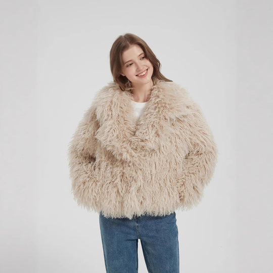 Damen Kurzboxiger Kunstpelz‑Bolero mit langflorigem Hochflor und voluminösem Schalkragen Nord Taschen