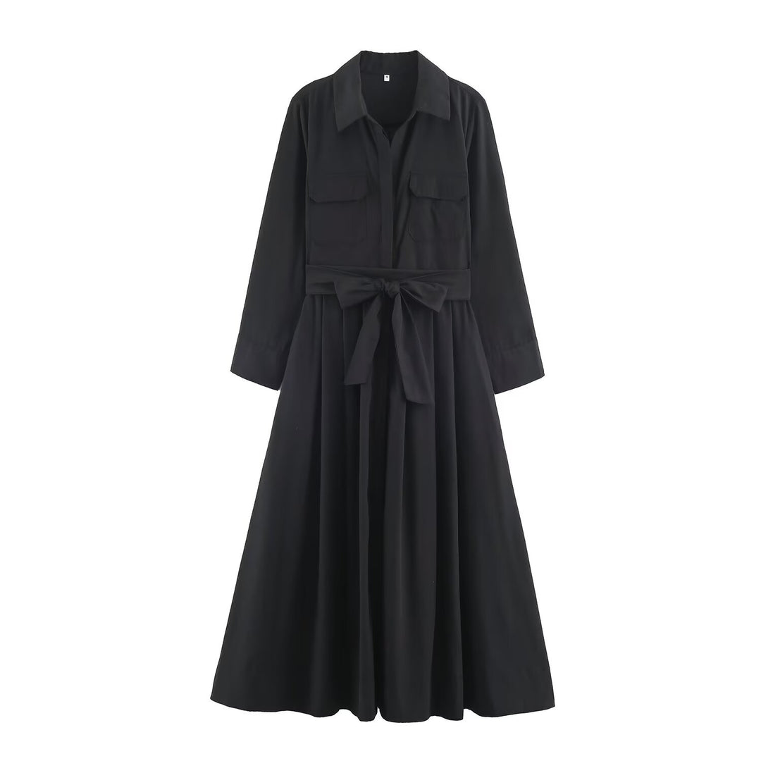 Damen Hemdblusenkleid mit Taillengürtel und A-Linien-Skirt Nord Taschen