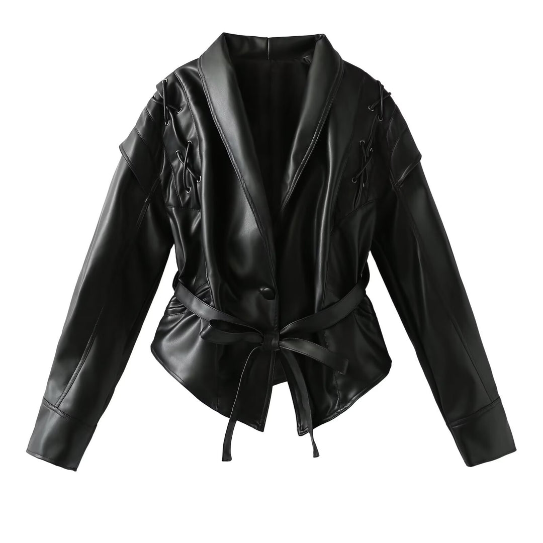 Damen Kurzjacke im Wildlederlook mit Schalkragen, Schnürdetails und Taillengürtel Nord Taschen