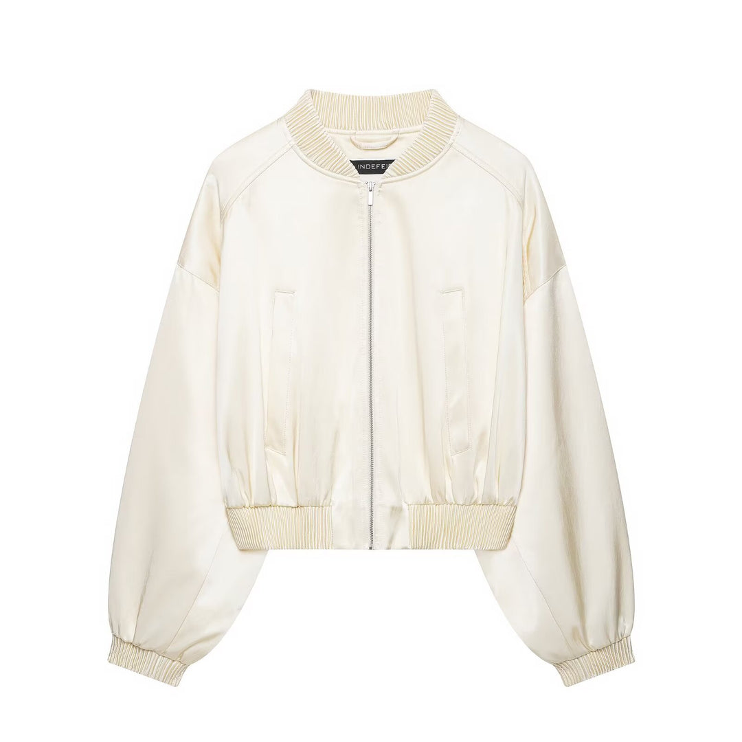 Damen Kurzer Satin-Bomber mit Oversize-Ballonärmeln und Rippkragen Nord Taschen