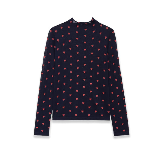 Damen Langarm-Feinstrickshirt mit Stehkragen und Allover-Herzjacquard Nord Taschen