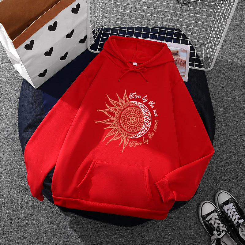 Damen nan Kapuzenpullover mit Sonn-und-Mond-Mandala, Kängurutasche und angerautem Fleece Nord Taschen