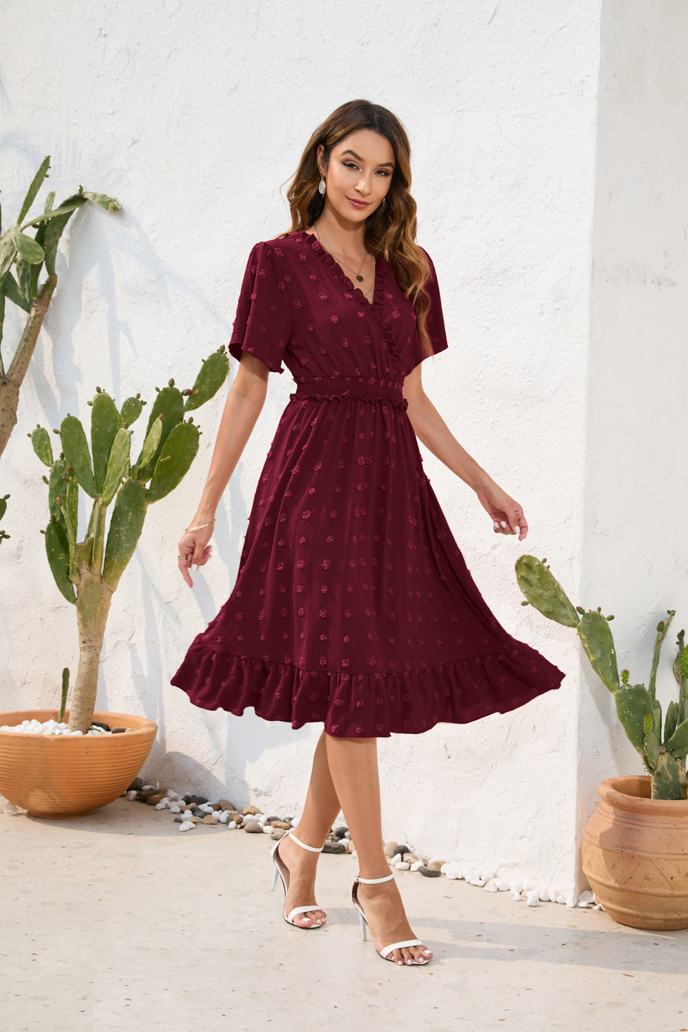 Damen Midikleid mit raffiniertem V-Ausschnitt, elastischem Taillenzug und fließendem Rock