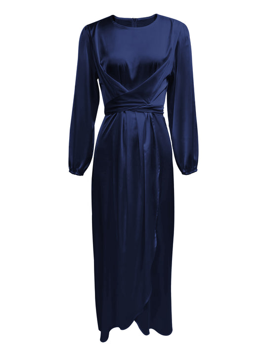 Damen Elegantes Maxikleid aus Satin mit Wickel-Detail, Langarm und Taillenband Nord Taschen