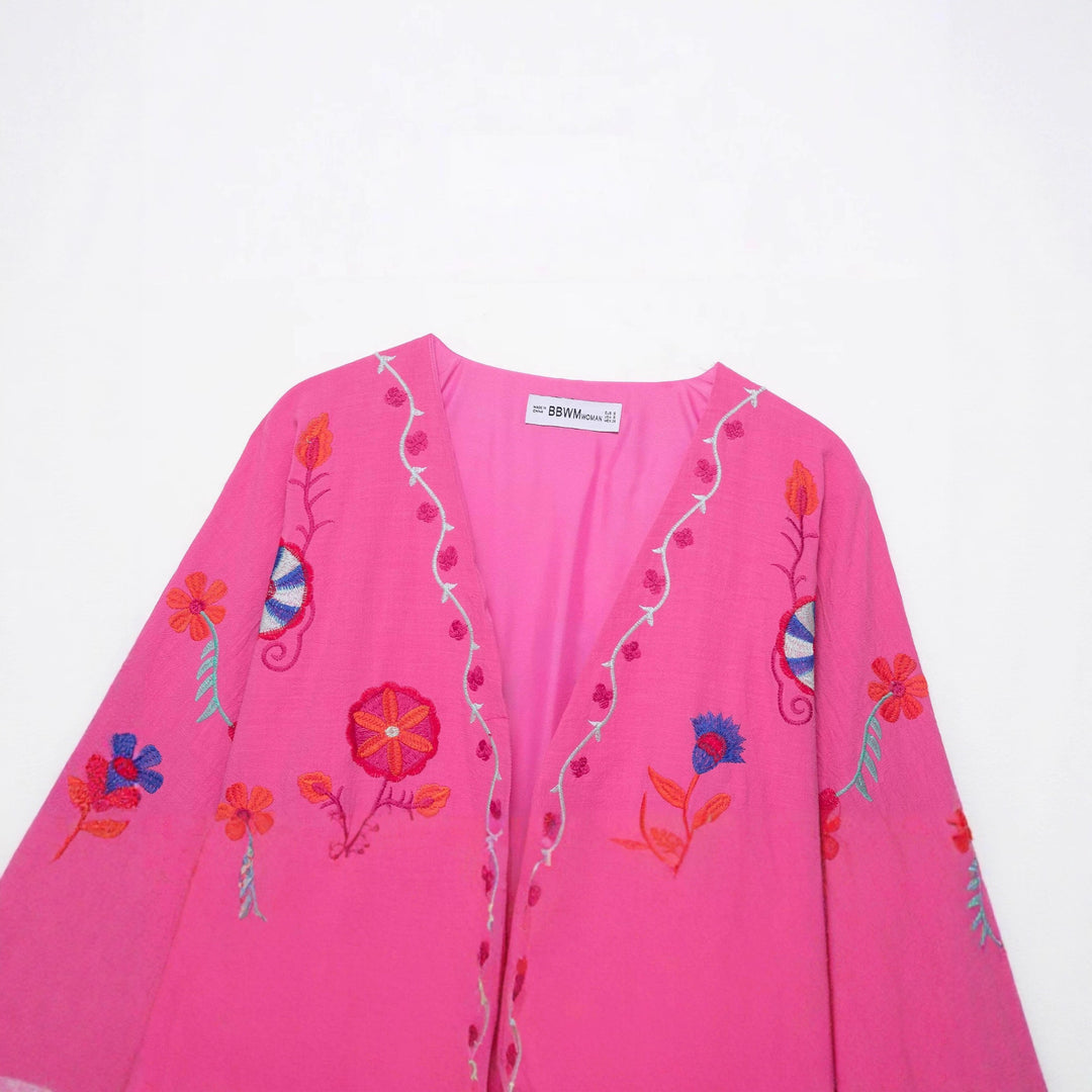 Damen Oversize Leichte Baumwoll-Cardiganjacke mit farbenfroher Blumenstickerei Nord Taschen