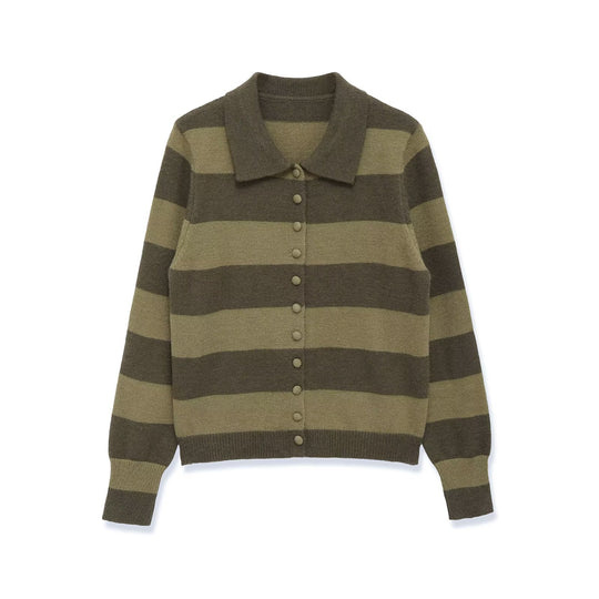 Damen Gestreifte Strickcardigan mit Hemdkragen und Knopfleiste Nord Taschen