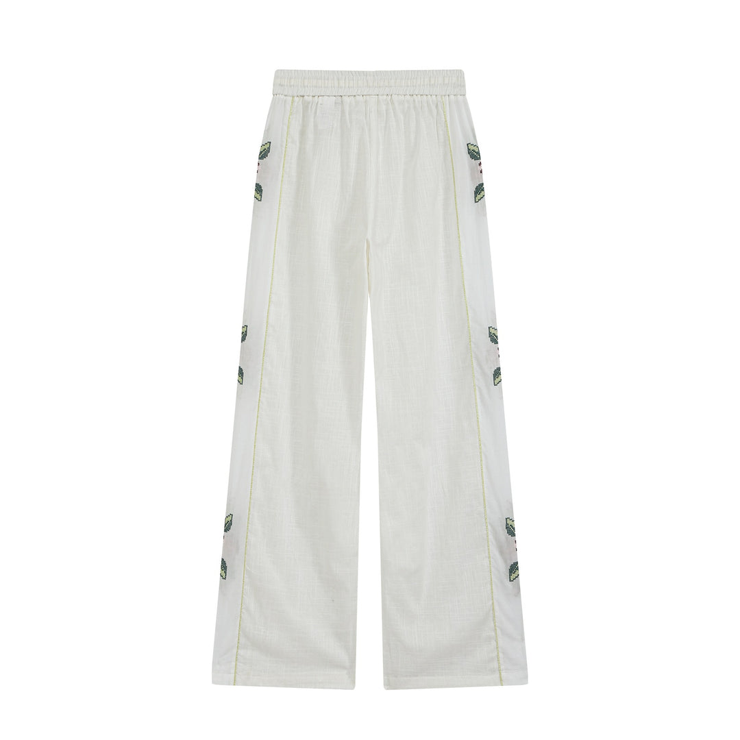 Damen Weite Leinen‑Optik Hose mit Tunnelzugbund und seitlicher Blumenstickerei Nord Taschen