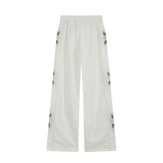 Damen Weite Leinen‑Optik Hose mit Tunnelzugbund und seitlicher Blumenstickerei Nord Taschen