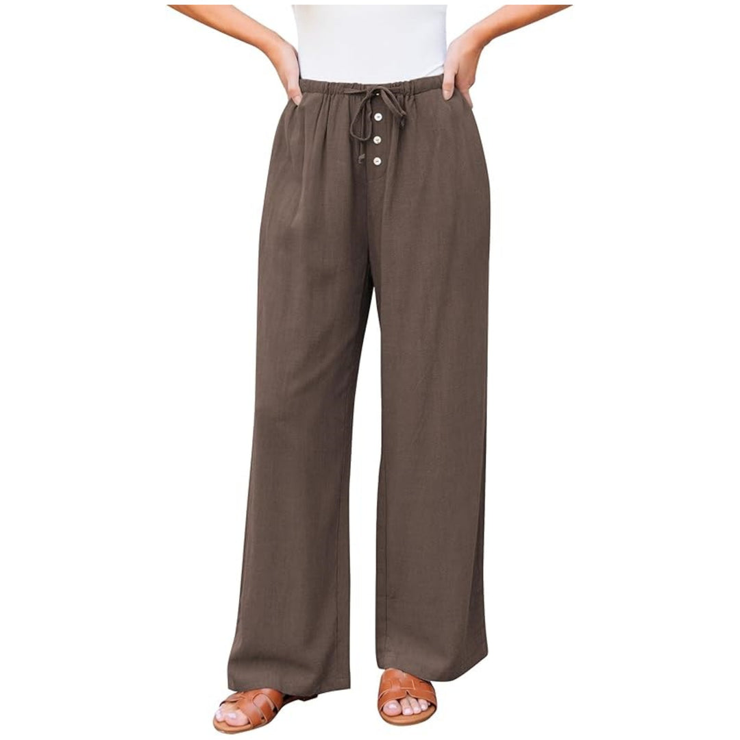 Damen Leinenoptik-Hose mit weitem Bein, Gummizug-Taille, Tunnelzug und Knopfdetail Nord Taschen