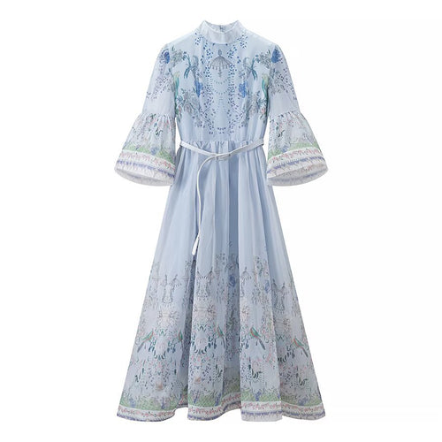 Damen Maxikleid mit Stehkragen, Glockenärmeln, floralem Druck und Bindegürtel Nord Taschen