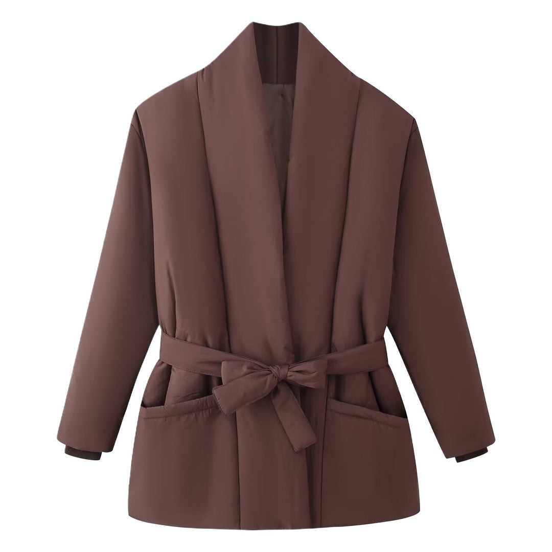 Damen Kurzsteppmantel mit Schalkragen, Taillengürtel und aufgesetzten Taschen Nord Taschen