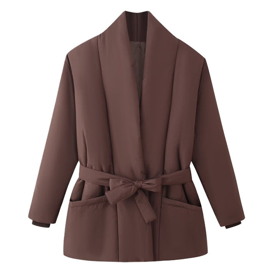 Damen Kurzsteppmantel mit Schalkragen, Taillengürtel und aufgesetzten Taschen Nord Taschen