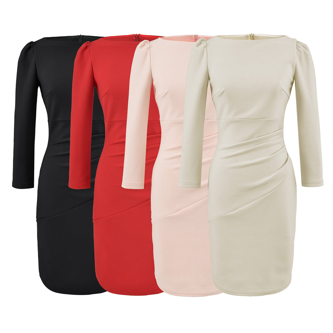 Damen Figurbetontes Midikleid mit geraffter Wickeloptik und langen Ärmeln Nord Taschen